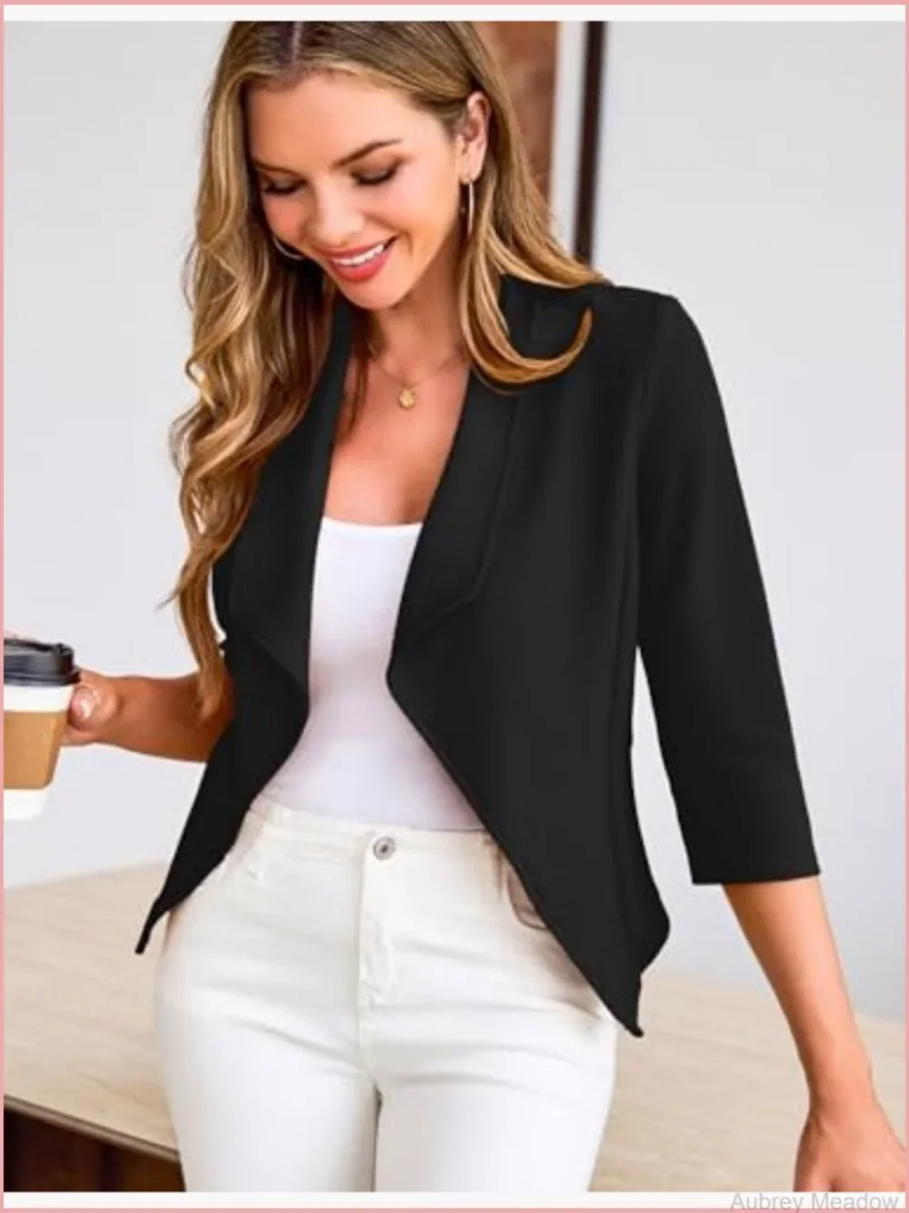 Cropped Blazer Jacket Lightweight Fit Waterfall Lapel 3/4 Sleeve Business